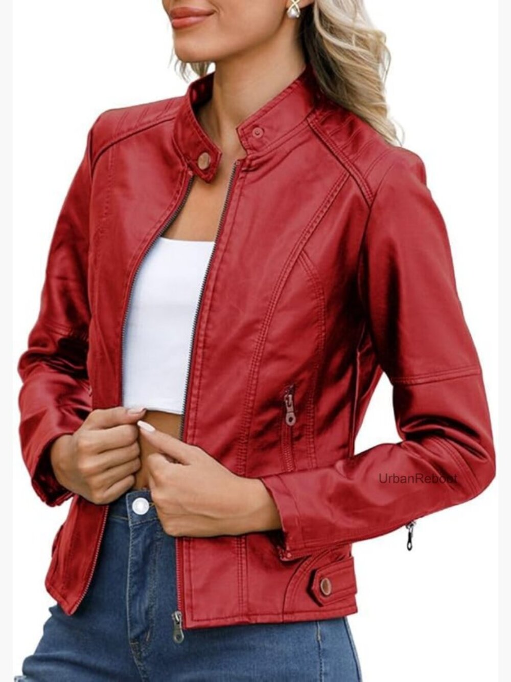Women's Zip Up Stand Collar Faux Leather Moto Biker Jacket Plus Size
